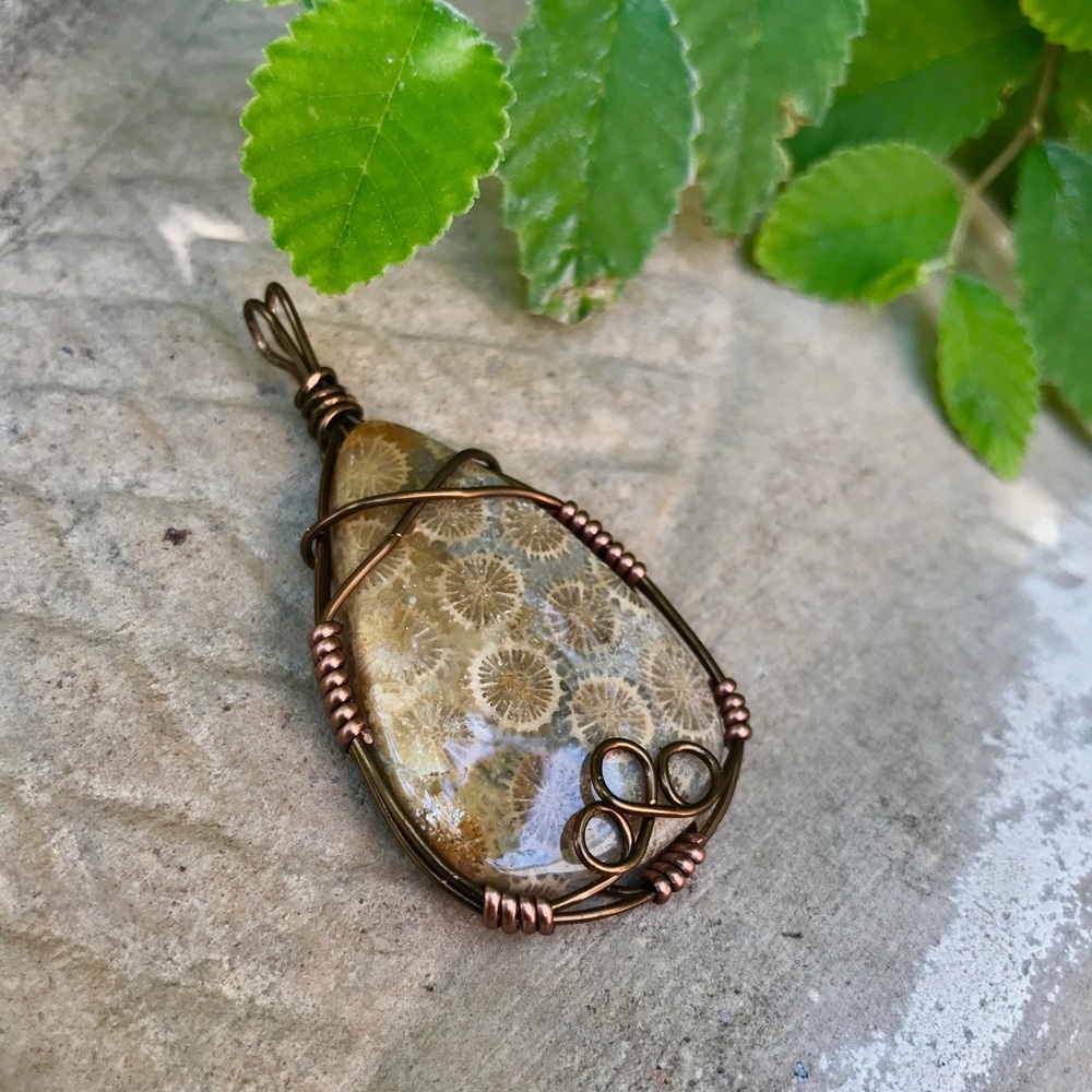 Fossilized coral wrapped pendant